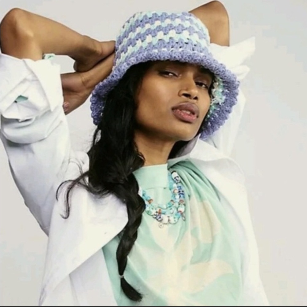 Free People Pixie Crocheted Knit Bucket Hat Blue Multi color NWOT
